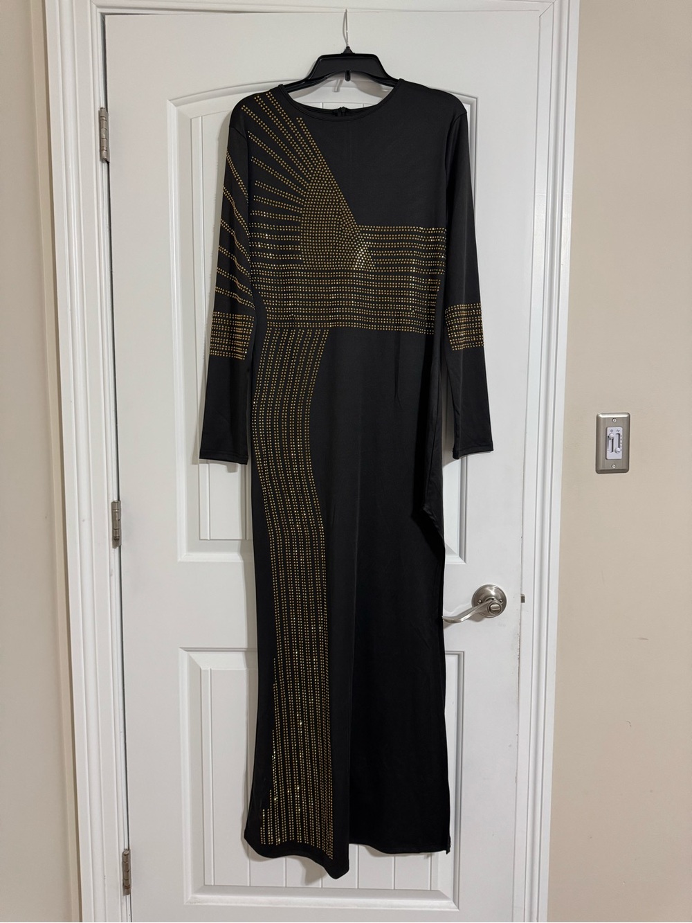 Black Long-Sleeve Maxi Dress with Gold Stud Pattern